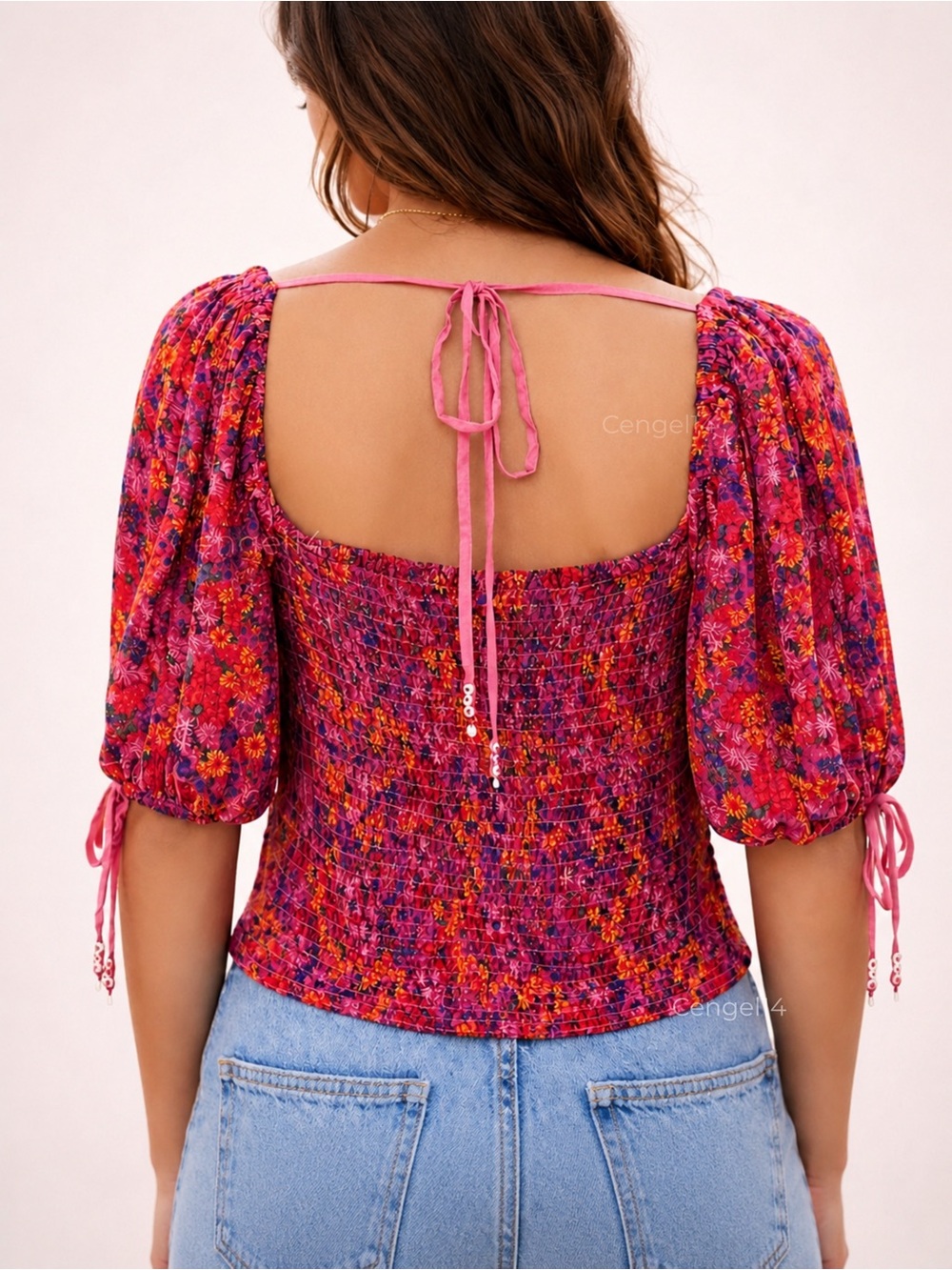 Free People Back On Top Floral Smocked Puff Sleeve Crop Blouse NWT L - Picture 3 of 6